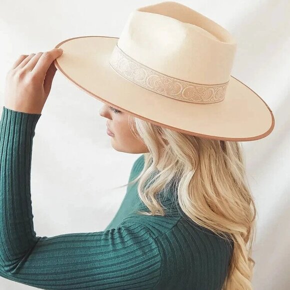 Lack of Color NWT Womens XL Wide Brim Rancher Fedora Hat Ivory Wool Felt Paisley - Picture 1 of 11